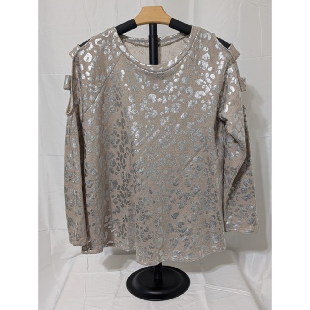 Now N‎ Forever Silver Metallic Leopard Cold Shoulder Sweatshirt Top Womens S